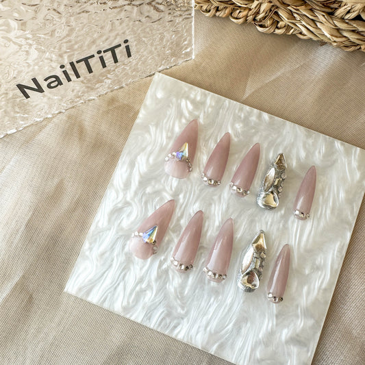 Icy Pink with Rhinestone - Handmade 10 Pc Press On Nails