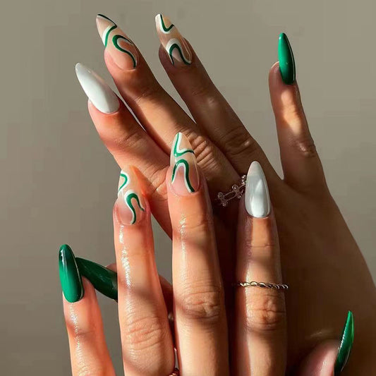 Green and White Curve -  24 Pc Premium Press On Nails